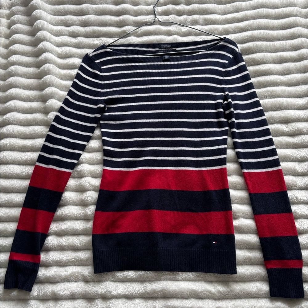Tommy Hilfiger Navy and Red Striped Sweater